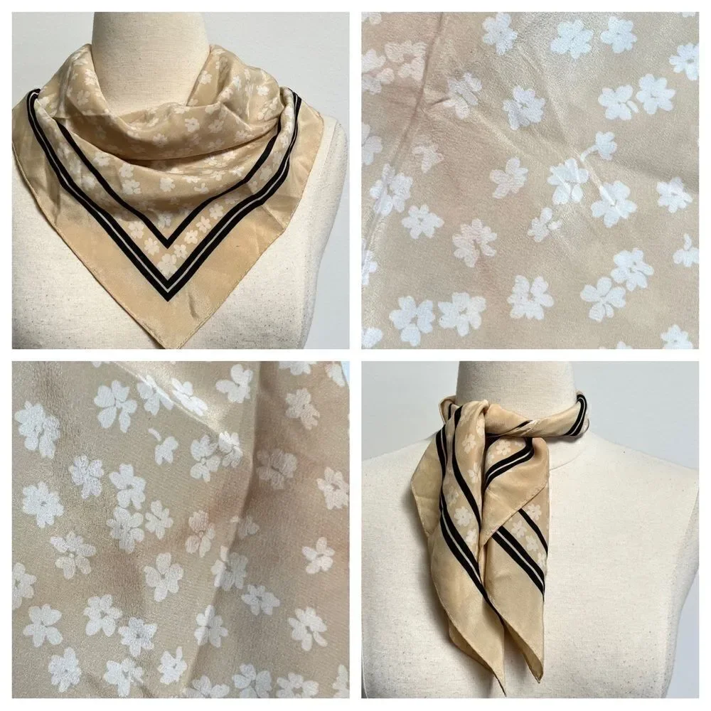 Vintage 90s Talbots 100% Silk Beige White Flower Power Square Scarf